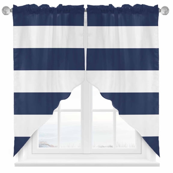 Swag Curtains Valances for Windows, Coastal Nautical Striped Short Kitchen Window Curtains Over Sink, Navy Blue White Cafe Curtains Panel Set Of 2,Rod Pocket, 63 Inches Length
