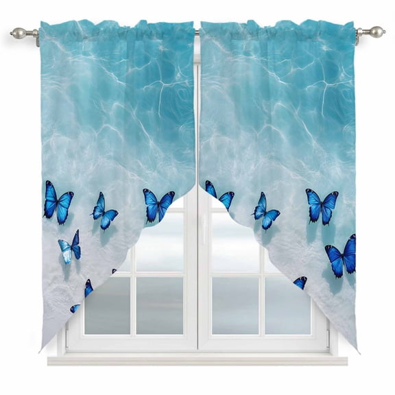 Swag Curtains Valances for Windows, Coastal Short Kitchen Window Curtains Over Sink, Ocean Butterfly Beach Cafe Curtains Panel Set Of 2,Rod Pocket, 63 Inches Length Aqua Dark Blue