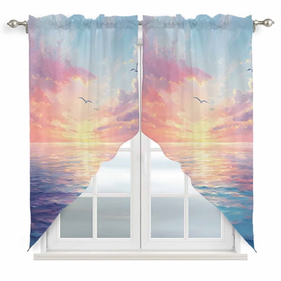 Swag Curtains Valances for Windows, Coastal Short Kitchen Window Curtains Over Sink, Ocean Sunset Seagull Cafe Curtains Panel Set Of 2,Rod Pocket, 36 Inches Length Blue Pink Orange