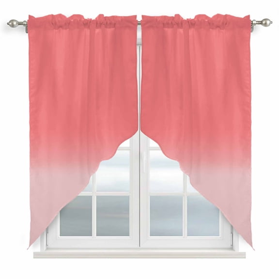 Swag Curtains Valances for Windows, Coral Red Gradient Short Kitchen Window Curtains Over Sink, Abstract Coastal Cafe Curtains Panel Set Of 2,Rod Pocket, 36 Inches Length