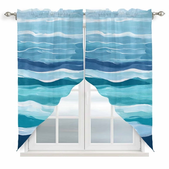 Swag Curtains Valances for Windows, Cosatal Striped Short Kitchen Window Curtains Over Sink, Blue-Green Cafe Curtains Panel Set Of 2,Rod Pocket, 63 Inches Length