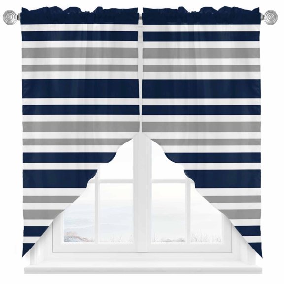 Swag Curtains Valances for Windows, Dark Blue Geometric Striped Short Kitchen Window Curtains Over Sink, Navy Blue Gray White Cafe Curtains Panel Set Of 2,Rod Pocket, 36 Inches Length