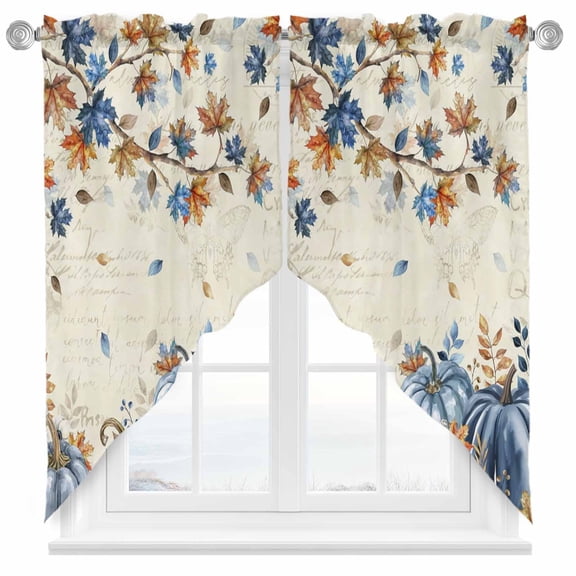 Swag Curtains Valances for Windows, Fall Thanksgiving Short Kitchen Window Curtains Over Sink, Orange Blue Floral Pumpkins Maple Leaves Cafe Curtains Panel Set Of 2,Rod Pocket, 36 Inches Length