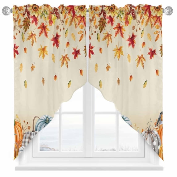 Swag Curtains Valances for Windows, Fall Thanksgiving Short Kitchen Window Curtains Over Sink, Orange Pumpkin Sunflower Leaf Cafe Curtains Panel Set Of 2,Rod Pocket, 36 Inches Length Retro
