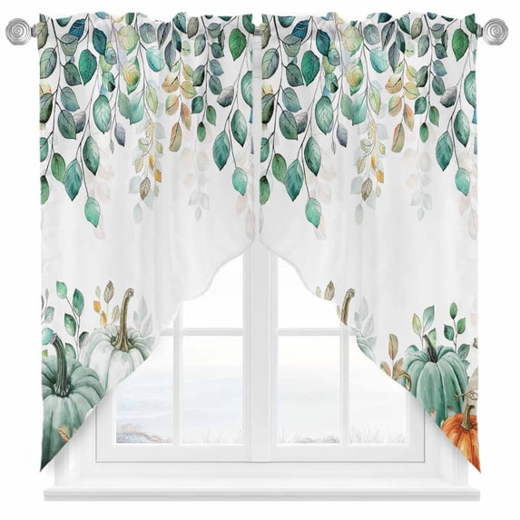 Swag Curtains Valances for Windows, Fall Thanksgiving Short Kitchen Window Curtains Over Sink, Orange White Green Pumpkin Eucalyptus Leaf Cafe Curtains Panel Set Of 2,Rod Pocket, 63 Inches Length