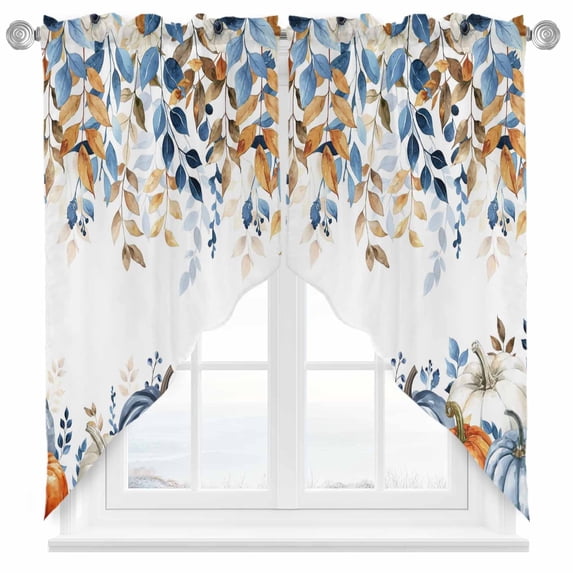 Swag Curtains Valances for Windows, Fall Thanksgiving Short Kitchen Window Curtains Over Sink, White Orange Blue Pumpkin Floral Leaf Cafe Curtains Panel Set Of 2,Rod Pocket, 36 Inches Length