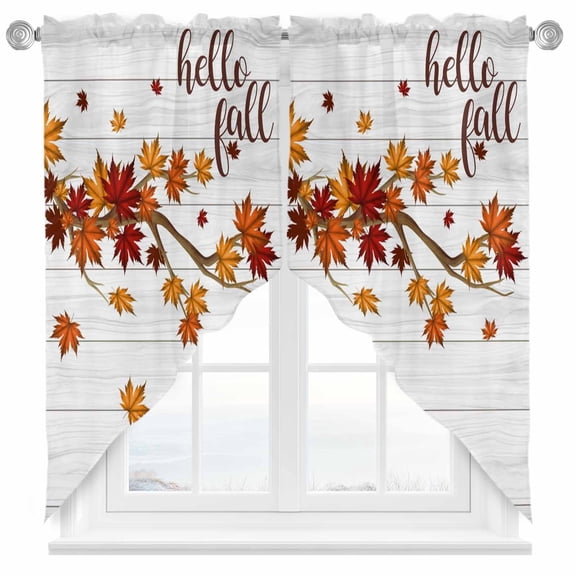 Swag Curtains Valances for Windows, Fall Thansgiving Short Kitchen Window Curtains Over Sink, Orange Maple Leaf Cafe Curtains Panel Set Of 2,Rod Pocket, 36 Inches Length White Wood Texture