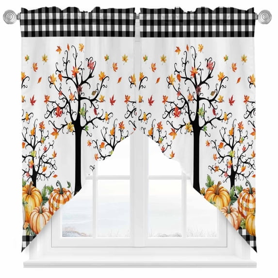 Swag Curtains Valances for Windows, Farm Fall Thanksgiving Short Kitchen Window Curtains Over Sink, Orange Plaid Pumpkin Maple Leaf Cafe Curtains Panel Set Of 2,Rod Pocket, 63 Inches Length