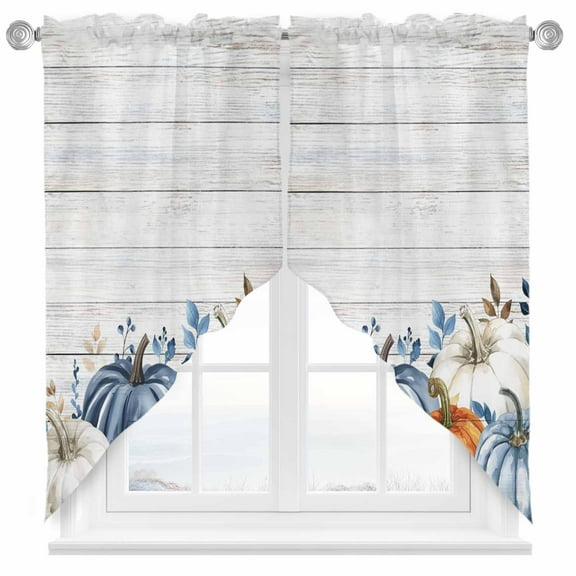 Swag Curtains Valances for Windows, Farmhouse Fall Thanksgiving Short Kitchen Window Curtains Over Sink, Blue White Orange Boho Pumpkin Cafe Curtains Panel Set Of 2,Rod Pocket, 36 Inches Length