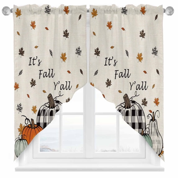 Swag Curtains Valances for Windows, Farmhouse Fall Thanksgiving Short Kitchen Window Curtains Over Sink, Orange Teal Plaid Pumpkins Leaf Cafe Curtains Panel Set Of 2,Rod Pocket, 36 Inches Length