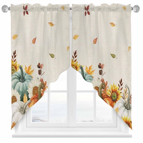 Swag Curtains Valances for Windows, Farmhouse Fall Thanksgiving Short Kitchen Window Curtains Over Sink, Orange White Blue Pumpkins Sunflower Cafe Curtain Panel Set Of 2,Rod Pocket, 36 Inches Length