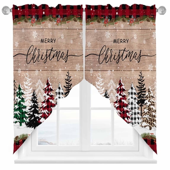 Swag Curtains Valances for Windows, Farmhouse Merry Christmas Short Kitchen Window Curtains Over Sink, Red Black Buffalo Plaid Tree Snowflake Cafe Curtain Panel Set Of 2,Rod Pocket, 36 Inches Length