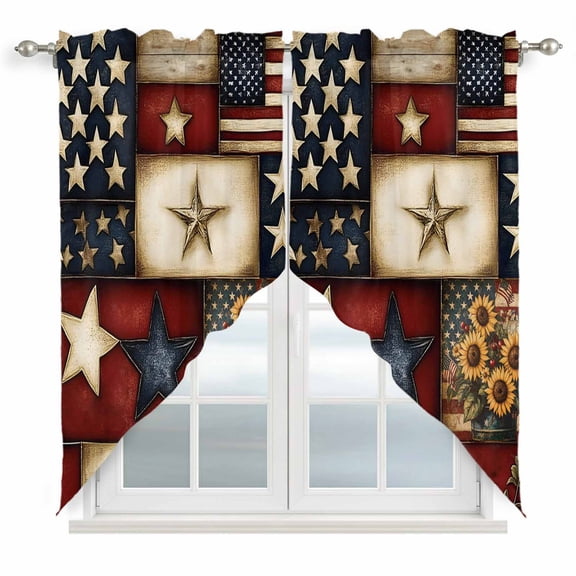 Swag Curtains Valances for Windows, Farmhouse Primitive Barn Stars Short Kitchen Window Curtains Over Sink, Retro American Flag Cafe Curtains Panel Set Of 2,Rod Pocket, 36 Inches Length Blue Red