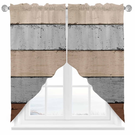 Swag Curtains Valances for Windows, Farmhouse Rustic Wood Texture Short Kitchen Window Curtains Over Sink, Brown Grey Cafe Curtains Panel Set Of 2,Rod Pocket, 36 Inches Length