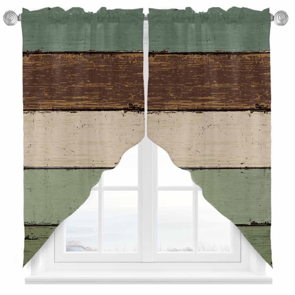 Swag Curtains Valances for Windows, Farmhouse Rustic Wood Texture Short Kitchen Window Curtains Over Sink, Sage Green Brown Cafe Curtains Panel Set Of 2,Rod Pocket, 36 Inches Length