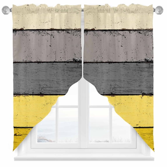 Swag Curtains Valances for Windows, Farmhouse Rustic Wood Texture Short Kitchen Window Curtains Over Sink, Yellow Grey Cafe Curtains Panel Set Of 2,Rod Pocket, 36 Inches Length