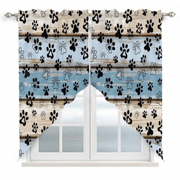 Swag Curtains Valances for Windows, Farmhouse Vintage Short Kitchen Window Curtains Over Sink, Pet Dog Paws Wood Texture Cafe Curtains Panel Set Of 2,Rod Pocket, 36 Inches Length Blue