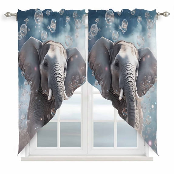 Swag Curtains Valances for Windows, Funny Elephants Bubbles Short Kitchen Window Curtains Over Sink, Gray Blue Cafe Curtains Panel Set Of 2,Rod Pocket, 45 Inches Length