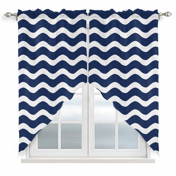 Swag Curtains Valances for Windows, Geometric Nautical Striped Pattern Short Kitchen Window Curtains Over Sink, Navy Blue White Wave Pattern Cafe Curtains Panel Set Of 2,Rod Pocket, 36 Inches Length