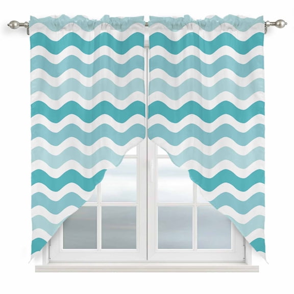 Swag Curtains Valances for Windows, Geometric Striped Pattern Short Kitchen Window Curtains Over Sink, Aqua White Wave Pattern Cafe Curtains Panel Set Of 2,Rod Pocket, 63 Inches Length