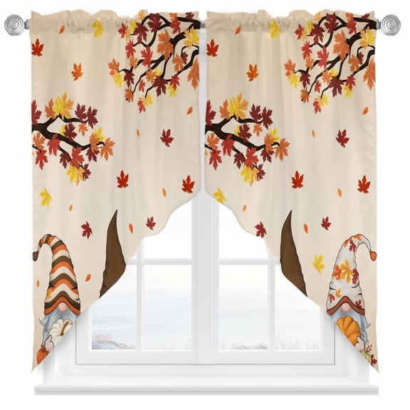 Swag Curtains Valances for Windows, Gnomes Fall Thanksgiving Short Kitchen Window Curtains Over Sink, Retro Autumn Pumpkin Maple Leaf Cafe Curtains Panel Set Of 2,Rod Pocket, 36 Inches Length
