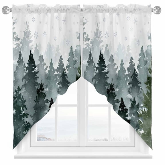 Swag Curtains Valances for Windows, Green Christmas Tree Short Kitchen Window Curtains Over Sink, Winter Retro Silver Snowflake Cafe Curtains Panel Set Of 2,Rod Pocket, 36 Inches Length