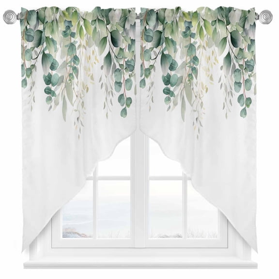 Swag Curtains Valances for Windows, Green Floral Eucalyptus Short Kitchen Window Curtains Over Sink, Rustic Watercolor Leaves Botanical Cafe Curtains Panel Set Of 2,Rod Pocket, 36 Inches Length