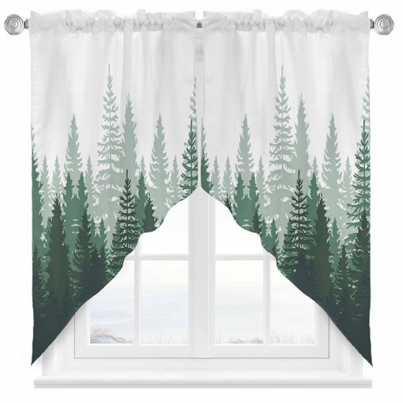 Swag Curtains Valances for Windows, Green Rustic Forest Short Kitchen Window Curtains Over Sink, Misty Pine Trees Silhouette Cafe Curtains Panel Set Of 2,Rod Pocket, 63 Inches Length
