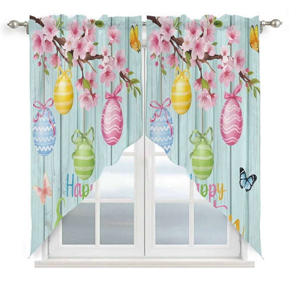 Swag Curtains Valances for Windows, Happy Easter Short Kitchen Window Curtains Over Sink, Easter Eggs Tree Spring Flowers Cafe Curtains Panel Set Of 2,Rod Pocket, 36 Inches Length Light Blue Wood