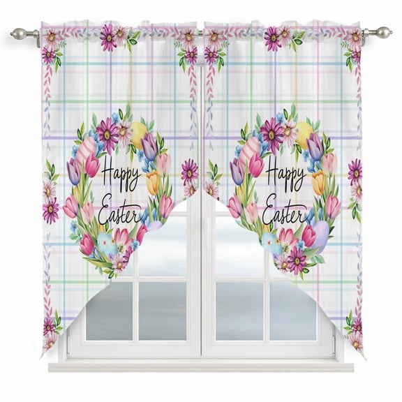 Swag Curtains Valances for Windows, Happy Easter Short Kitchen Window Curtains Over Sink, Spring Tulips Eggs Daisy Floral Cafe Curtains Panel Set Of 2,Rod Pocket, 36 Inches Length Color Plaid
