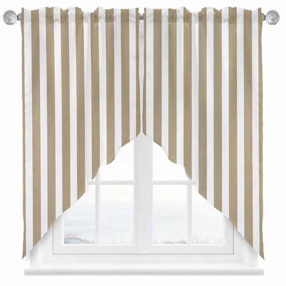 Swag Curtains Valances for Windows, Khaki White Geometric Stripes Short Kitchen Window Curtains Over Sink, Minimalism Modern Art Cafe Curtains Panel Set Of 2,Rod Pocket, 36 Inches Length