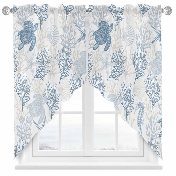 Swag Curtains Valances for Windows, Light Blue Gray Coastal Short Kitchen Window Curtains Over Sink, Ocean Animals Pattern Cafe Curtains Panel Set Of 2,Rod Pocket, 36 Inches Length