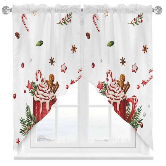 Swag Curtains Valances for Windows, Merry Christmas Short Kitchen Window Curtains Over Sink, Coffee Cup Gingerbread Man Cafe Curtains Panel Set Of 2,Rod Pocket, 36 Inches Length White