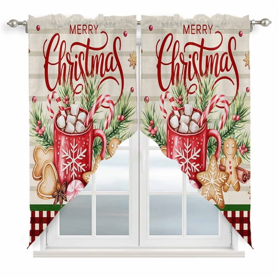 Swag Curtains Valances for Windows, Merry Christmas Short Kitchen Window Curtains Over Sink, Vintage Christmas Decorations Plaid Cafe Curtains Panel Set Of 2,Rod Pocket, 36 Inches Length