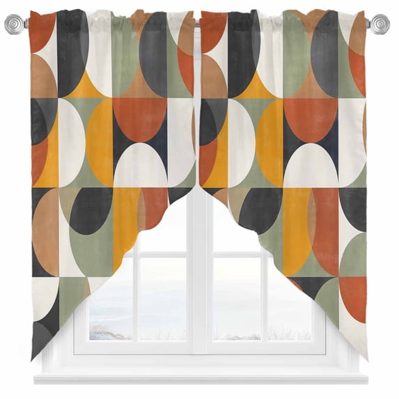 Swag Curtains Valances for Windows, Mid-century Modern Short Kitchen Window Curtains Over Sink, Vintage Color Abstract Geometric Pattern Cafe Curtains Panel Set Of 2,Rod Pocket, 45 Inches Length