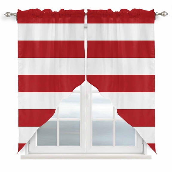 Swag Curtains Valances for Windows, Minimalist Striped Short Kitchen Window Curtains Over Sink, Red White Cafe Curtains Panel Set Of 2,Rod Pocket, 36 Inches Length