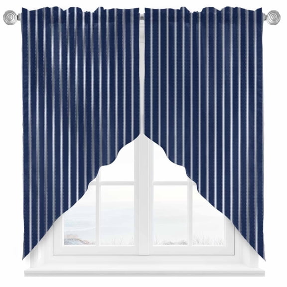Swag Curtains Valances for Windows, Navy Blue Vintage Striped Short Kitchen Window Curtains Over Sink, Abstract Modern Geometric Art Cafe Curtains Panel Set Of 2,Rod Pocket, 36 Inches Length