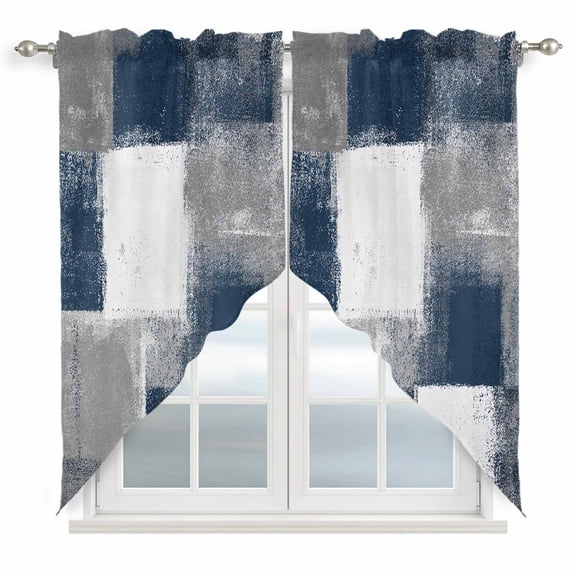 Swag Curtains Valances for Windows, Navy Grey Paint Textured Short Kitchen Window Curtains Over Sink, Abstract Rustic Blue Tones Cafe Curtains Panel Set Of 2,Rod Pocket, 36 Inches Length