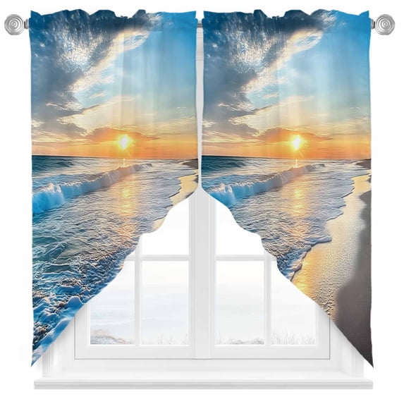 Swag Curtains Valances for Windows, Ocean Beach Sunset Short Kitchen Window Curtains Over Sink, Blue Coastal Seascape Cafe Curtains Panel Set Of 2,Rod Pocket, 45 Inches Length