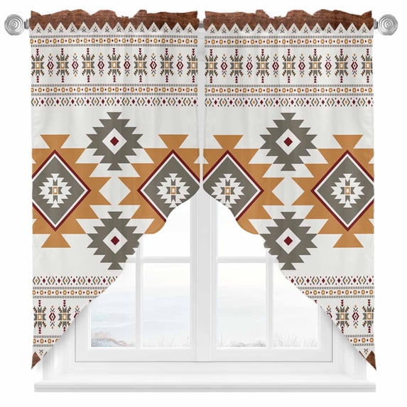 Swag Curtains Valances for Windows, Orange Brown Boho Short Kitchen Window Curtains Over Sink, Vintage Southwest Tribal Geometric Pattern Cafe Curtains Panel Set Of 2,Rod Pocket, 36 Inches Length