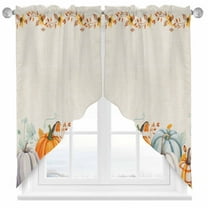 Swag Curtains Valances for Windows, Orange Fall Thanksgiving Pumpkin Short Kitchen Window Curtains Over Sink, Retro Leaves Cafe Curtains Panel Set Of 2,Rod Pocket, 36 Inches Length Linen