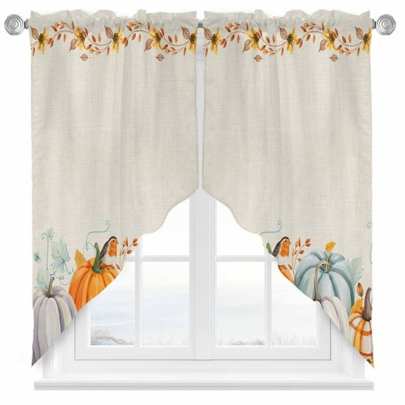 Swag Curtains Valances for Windows, Orange Fall Thanksgiving Pumpkin Short Kitchen Window Curtains Over Sink, Retro Leaves Cafe Curtains Panel Set Of 2,Rod Pocket, 36 Inches Length Linen