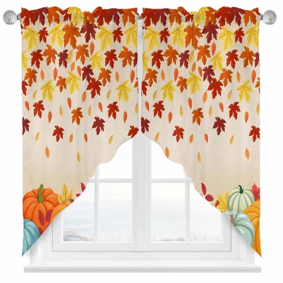 Swag Curtains Valances for Windows, Orange Fall Thanksgiving Pumpkins Short Kitchen Window Curtains Over Sink, Maple Leaves Farmhouse Cafe Curtains Panel Set Of 2,Rod Pocket, 45 Inches Length