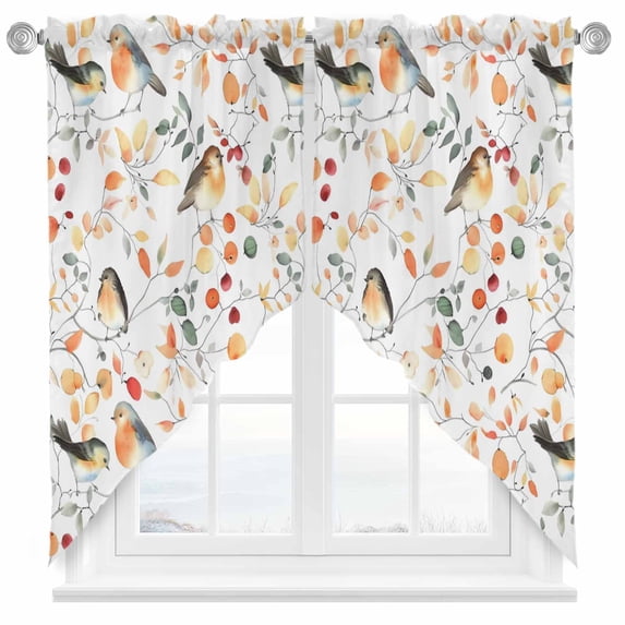 Swag Curtains Valances for Windows, Orange Fall Thanksgiving Short Kitchen Window Curtains Over Sink, Autumn Bird Leaf Floral Cafe Curtains Panel Set Of 2,Rod Pocket, 63 Inches Length White
