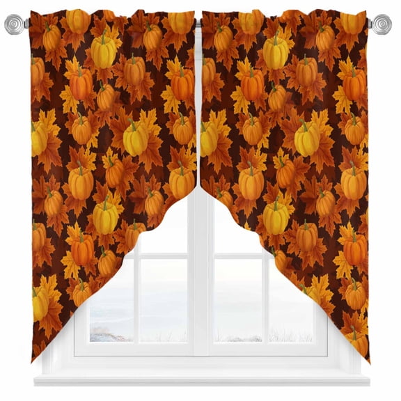 Swag Curtains Valances for Windows, Orange Fall Thanksgiving Short Kitchen Window Curtains Over Sink, Autumn Pumpkins Maple Leaf Brown Cafe Curtains Panel Set Of 2,Rod Pocket, 36 Inches Length
