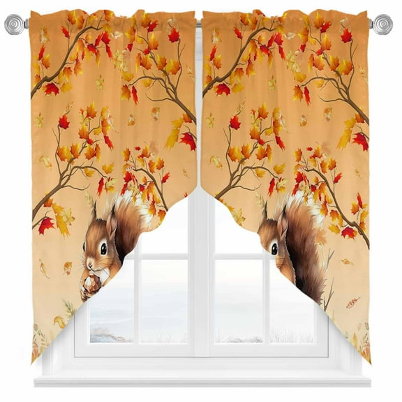 Swag Curtains Valances for Windows, Orange Fall Thanksgiving Short Kitchen Window Curtains Over Sink, Brown Squirrel Maple Leaves Cafe Curtains Panel Set Of 2,Rod Pocket, 36 Inches Length