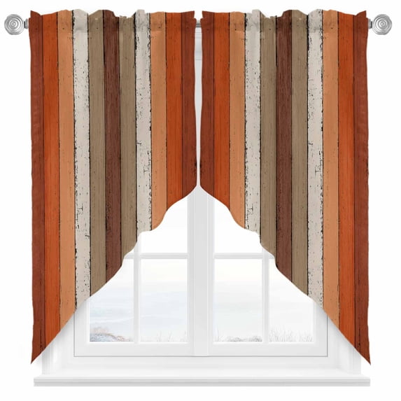 Swag Curtains Valances for Windows, Orange Farmhouse Striped Short Kitchen Window Curtains Over Sink, Vintage Wood Texture Mottled Cafe Curtains Panel Set Of 2,Rod Pocket, 45 Inches Length