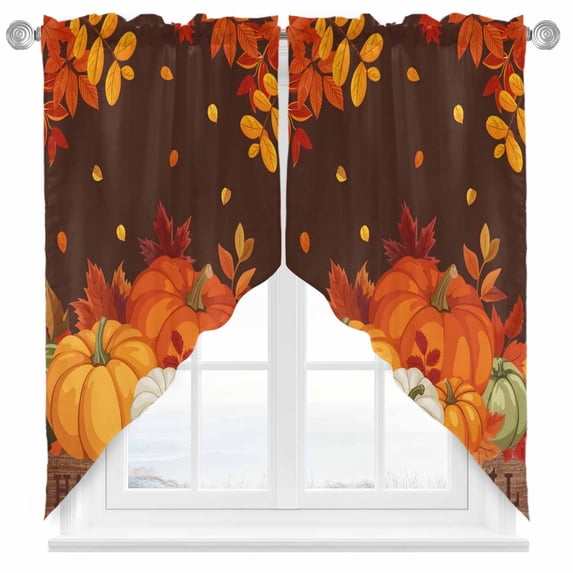 Swag Curtains Valances for Windows, Orange Pumpkins Fall Short Kitchen Window Curtains Over Sink, Rustic Maple Leaves Brown Farmhouse Cafe Curtains Panel Set Of 2,Rod Pocket, 36 Inches Length