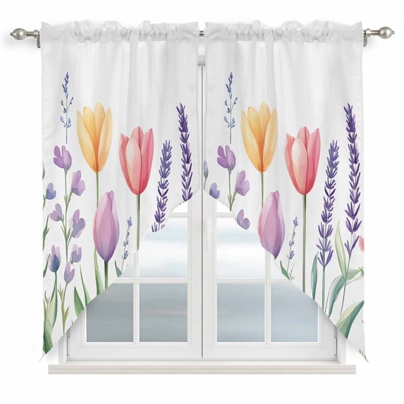 Swag Curtains Valances for Windows, Pastel Watercolor Floral Short Kitchen Window Curtains Over Sink, Tulip Flower Pink Yellow Purple Cafe Curtains Panel Set Of 2,Rod Pocket, 36 Inches Length