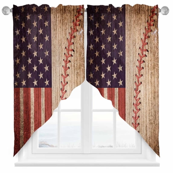 Swag Curtains Valances for Windows, Patriotic American Flag Short Kitchen Window Curtains Over Sink, Vintage Red Blue Stripe Stars Cafe Curtains Panel Set Of 2,Rod Pocket, 45 Inches Length